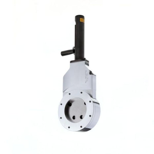 A Leybold North America HV Gate Valve DN 100 ISO-F with a circular flange and multiple bolt holes is mounted vertically against a white background, featuring a cylindrical actuator on top and side handle for optimal fluid flow control.