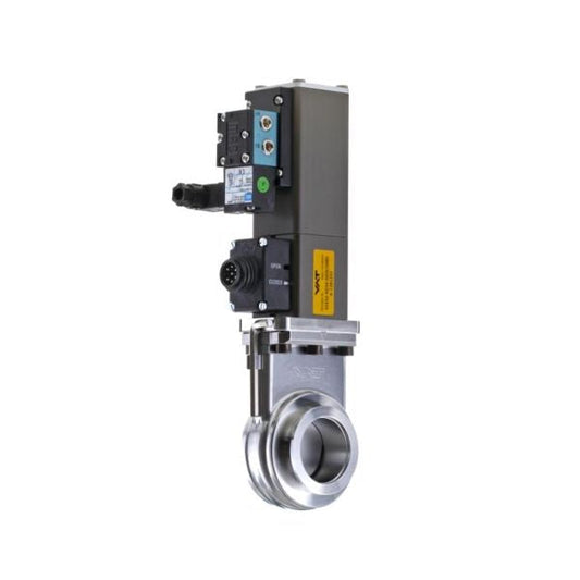 Leybold North America's Miniature HV Gate Valve DN 40 ISO-KF features an integrated actuator and control unit, offering precise flow control for high-pressure applications, shown mounted on a metallic body against a white background.