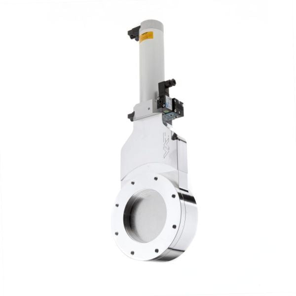 The Leybold North America HV Gate Valve DN 100 ISO-F is a stainless steel industrial valve with a cylindrical actuator, circular flange with bolt holes, and smooth metallic finish, shown upright on a white background for fluid control.