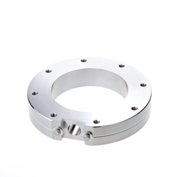 The Leybold North America Measurement Flanges DN 100 ISO-K is a circular, silver metallic split ring collar with multiple screw holes and a clamping mechanism, ideal for vacuum systems and industrial use, shown on a white background.