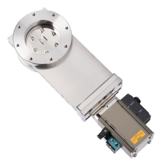 The Leybold North America UHV Gate Valve - Stainless Steel Body DN 100 ISO-F is shown from above, displaying its circular flange, rectangular body, and attached electronic and pneumatic components against a white background.