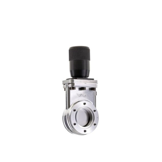 The Leybold North America UHV Gate Valve - Stainless Steel Body DN 40 CF features a round flanged end, black cylindrical handle, and durable stainless steel body, shown isolated on a white background.