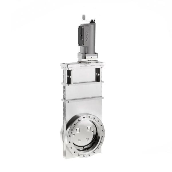 The Leybold North America UHV Gate Valve - Stainless Steel Body DN 100 CF features a bolted circular flange and top-mounted actuator, delivering precise flow control for demanding ultra-high vacuum applications.