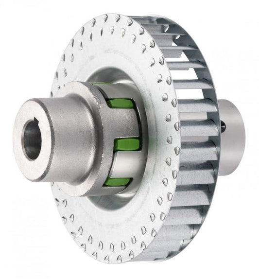 A close-up image of a metallic mechanical component with a gear-like design that includes a cylindrical shaft and a cogwheel. The cogwheel has a ridged edge and the component is predominantly silver with green accent parts. The product shown is the Coupling TRIVAC D 65 B by Leybold North America.