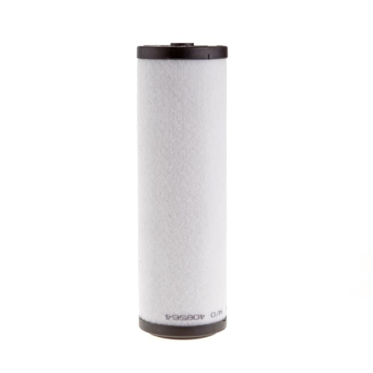 A cylindrical white Demister Cartridge SV40A-SV200A with black caps on both ends. The filter stands vertically oriented on a white background. There are some small markings on the bottom black cap from Leybold.