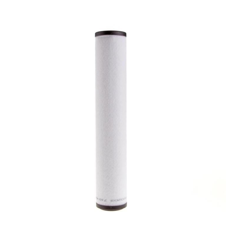 A cylindrical Leybold Demister Cartridge SV280-SV1200 exhaust filter cartridge with white outer material, black caps on both ends, and a smooth surface. The filter is vertically oriented and centered against a plain white background, designed for optimal performance in vacuum pump systems.