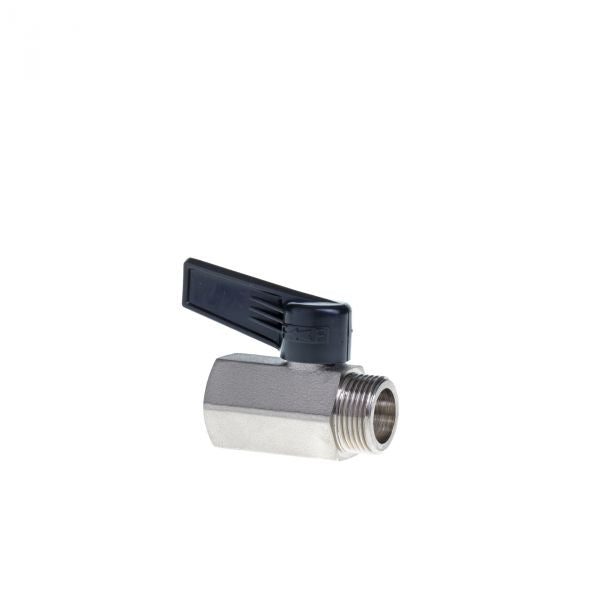 A silver metal Oil Drain Tap 3/4" BSP from Leybold North America with a black handle is displayed against a plain white background. The handle is in the off position, perpendicular to the threaded pipe fitting. The tap has a hexagonal body for easy grip with tools.