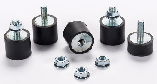 Five cylindrical Leybold Foot SOGEVAC SV 40/65 B - 1 rubber mounts with metal threaded rods or holes, each accompanied by a nut and washer, arranged on a white surface. The mounts vary; some have the rod protruding from the center, while others have a hole for screws.