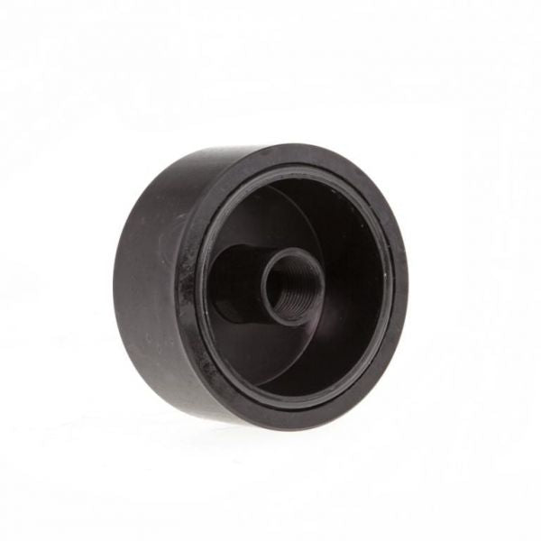 A round, black plastic Oil Filter By-Pass SOGEVAC SV 200, SV 300 from Leybold North America features a threaded interior and a wide outer rim, designed for connecting pipes or fittings in a vacuum pump system. The image displays the Oil Filter By-Pass against a plain white background.