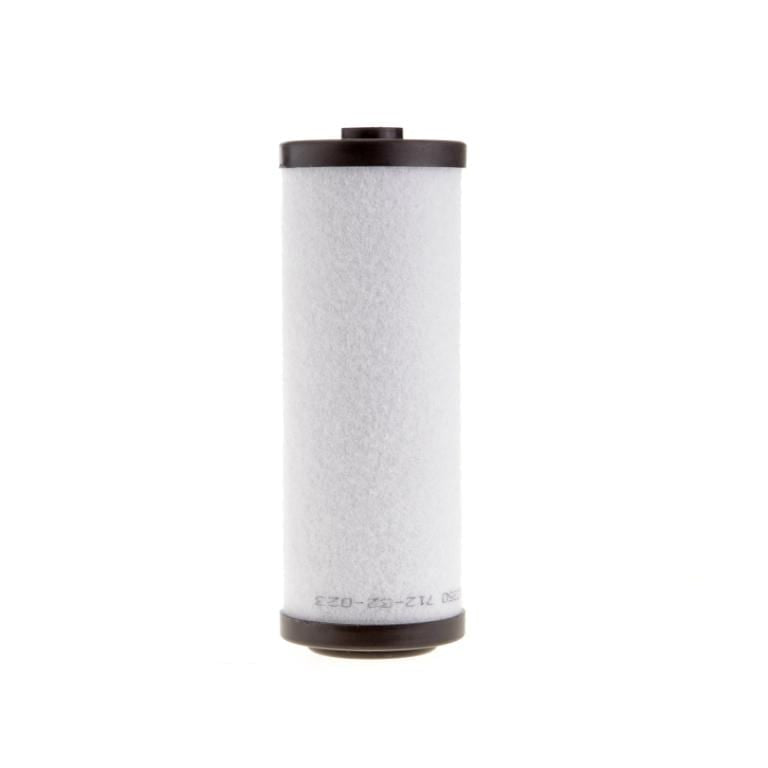 A cylindrical white Demister Cartridge SV16, SV25 BR2 from Leybold with black end caps on both sides stands upright against a plain white background. The filter appears to have a smooth, slightly textured surface. Some alphanumeric codes are faintly visible on the bottom black end cap.