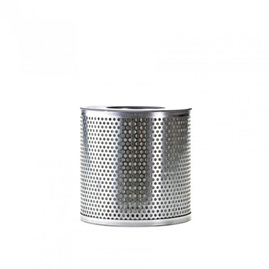 A Replacement Polyester Filter Cartridge for Dust Filter F 65-100 by Leybold North America with a perforated surface, allowing visibility through the numerous small round holes. The container appears industrial and functional, against a plain white background.