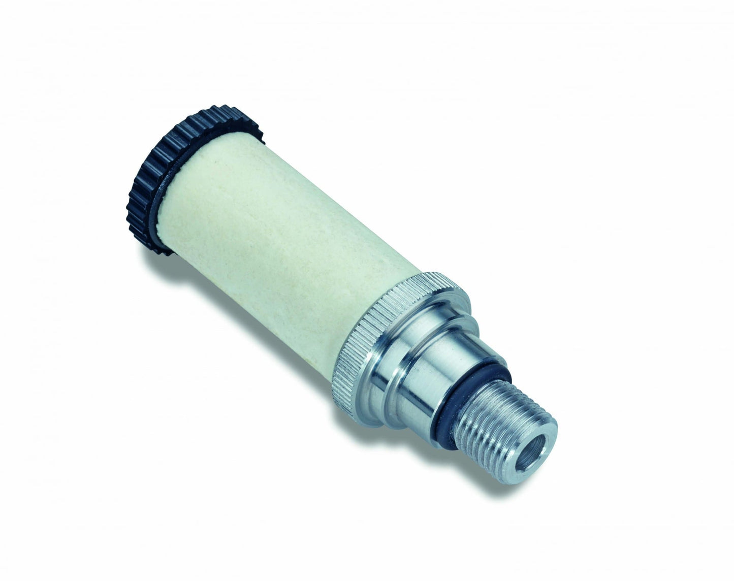 A Leybold North America Air Filter for TMP, G 1/8" with a cylindrical metallic filter assembly, featuring a threaded end and a ribbed black cap on the opposite end. The body appears to be made of a porous material. The image has a white background.