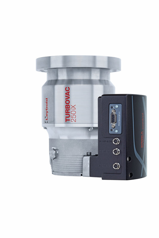 A Leybold North America Shop TURBOVAC 250iX vacuum pump, featuring a cylindrical metal body with the "TURBOVAC 250iX" label in red. The device includes a black control module with various ports and settings on the right side, against a white background.