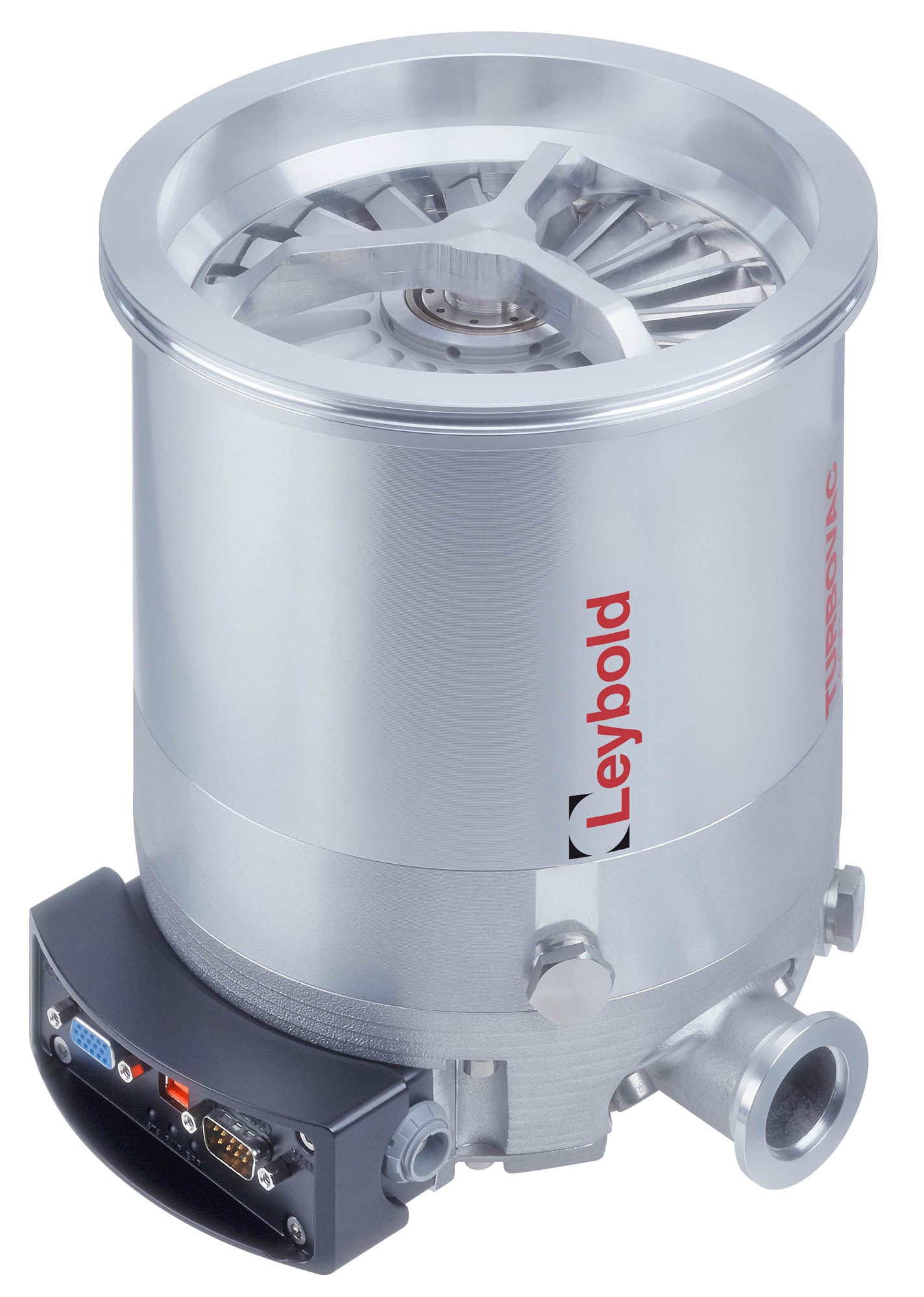 A high-tech metallic vacuum pump, branded "Leybold North America Shop," with cylindrical shape and various connection ports at the base, including a VGA and serial connector. The TURBOVAC 450i features a fan-like structure at the top and an industrial design suitable for specialized technical use.