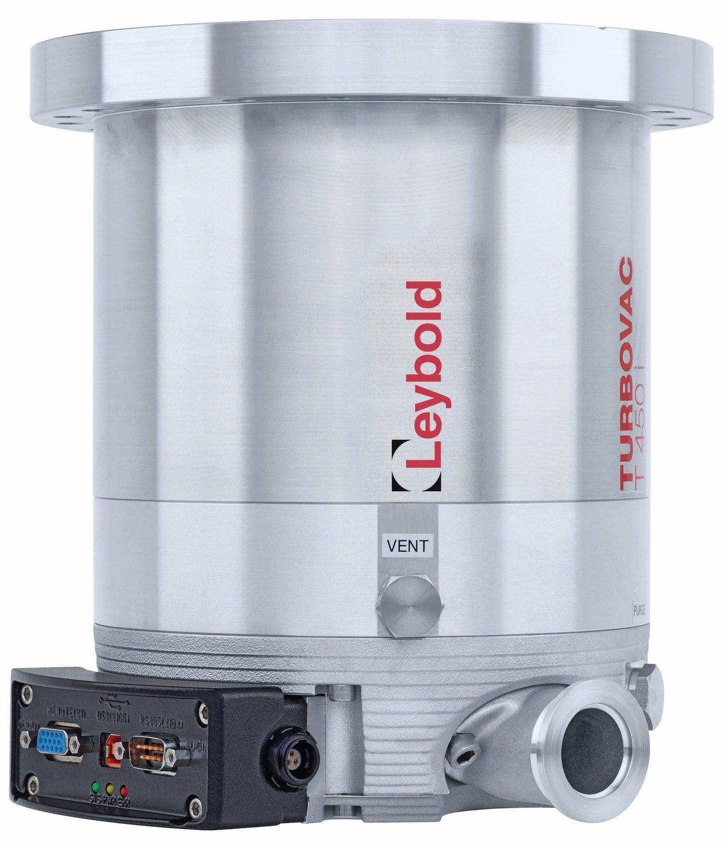 Sure, here’s the modified sentence with the specified product name and brand name:

A cylindrical Leybold North America Shop TURBOVAC 450i vacuum pump made of metallic material. The pump has a sleek design with "Leybold North America Shop" and "TURBOVAC 450i" labels on its side. It features various ports and connectors at the bottom for operational interfacing.