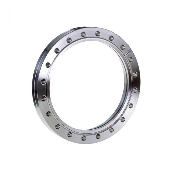 The Leybold North America CF-Bore Flanges DN 160 CF (Fixed) is sleek and metallic, ideal for piping systems. It features multiple evenly spaced holes, a shiny polished finish, and excellent corrosion resistance, all set against a plain white background.