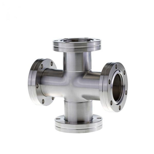 The Leybold North America CF-Crosses DN 40 CF stainless steel pipe fitting features four flanged ends for durability, displayed on a white background.