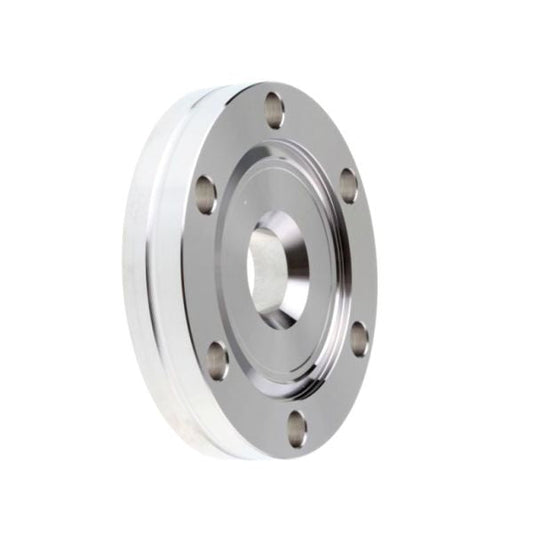 The Leybold North America Reducing Flange DN 40/16 CF features a central hole and six bolt holes, offering a shiny metallic finish ideal for industrial piping systems. Displayed on a plain white background.