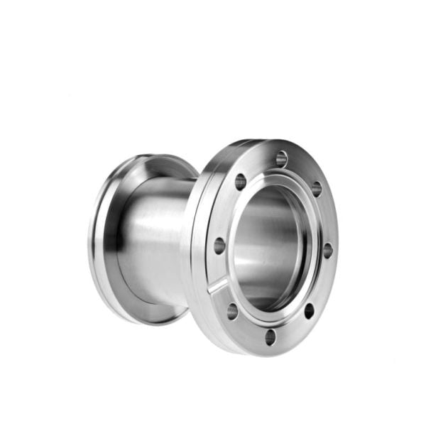 Centered on a white background is a metallic cylindrical flange from Leybold North America's Adaptors DN 63 ISO-K / DN 63 CF. With multiple bolt holes and a polished surface reflecting light, its precise engineering makes it perfect for vacuum systems.