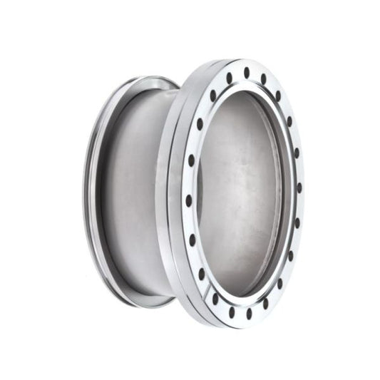 The Leybold North America Adaptors DN 100 ISO-K / DN 100 CF, compatible with vacuum systems, feature multiple bolt holes for seamless pipe connections. Their cylindrical shape and smooth silver surface are set against a plain white background.