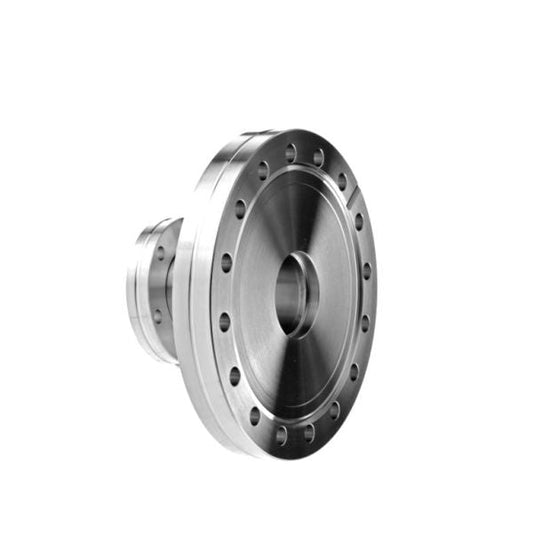 A silver, metallic Reducers DN 100/40 CF by Leybold North America, featuring multiple bolt holes and a central opening, is shown against a plain white background. This component is used to enhance flow efficiency in various pipe sizes.