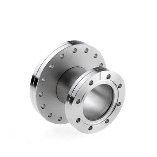 The Leybold North America Reducers DN 160/100 CF is a metallic, cylindrical pipe fitting with flanged ends and evenly spaced bolt holes. Its polished surface makes it ideal for industrial or plumbing use; shown here isolated on a white background.