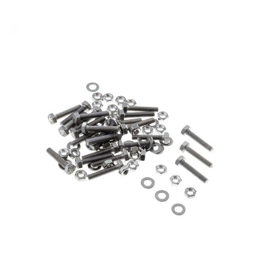 Various Leybold North America Hexagon Bolts, Sets for CF Flanges DN 16, along with nuts and washers, are scattered on a white surface. Four complete sets of these fastening components are arranged separately on the right side.