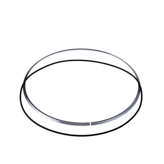 Two FPM O-rings with Support Rings from Leybold North America, one black and one transparent, are coiled into circular loops and laid out side by side against a white background. The loops appear to be of similar size and are slightly overlapping near the center.