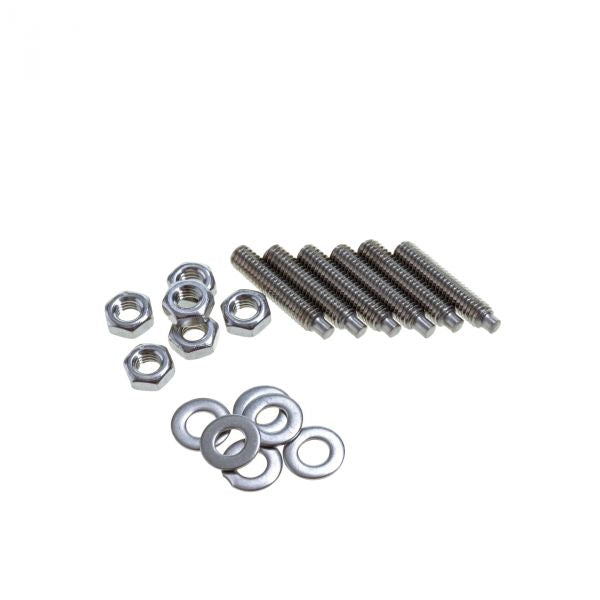Arranged on a white surface are eight assorted metal fasteners, including corrosion-resistant "Bolts DN 40 CF" from Leybold North America and six flat washers.