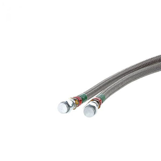 The Leybold North America Flexline FL 20.0 High Pressure - DN16 (8f/8f) hose features braided metal construction with hexagonal nuts and colored rings at the connectors, designed as a high-pressure vacuum pump accessory. Isolated on white background.