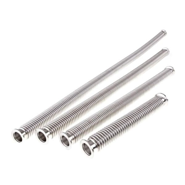 Four Leybold North America Vacuum Hoses With Flanges DN 25 ISO-KF (1000 mm) are arranged side by side on a white background. These flexible, ribbed metal hoses are ideal for vacuum systems, featuring flanged ends for seamless connectivity.