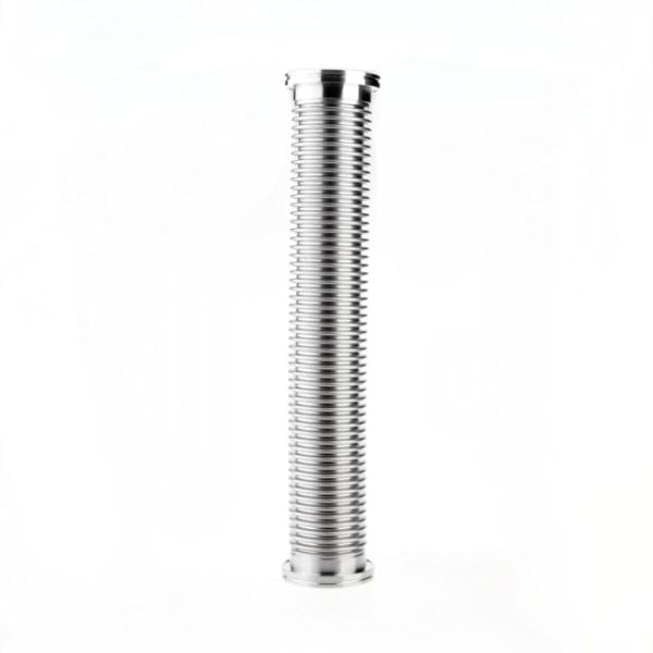 The Vacuum Hoses With Flanges DN 63 ISO-K (1000 mm) by Leybold North America is a vertical, silver corrugated metal tube with evenly spaced ridges, commonly used in vacuum systems. It stands on a white background, displaying subtle highlights on its reflective surface.