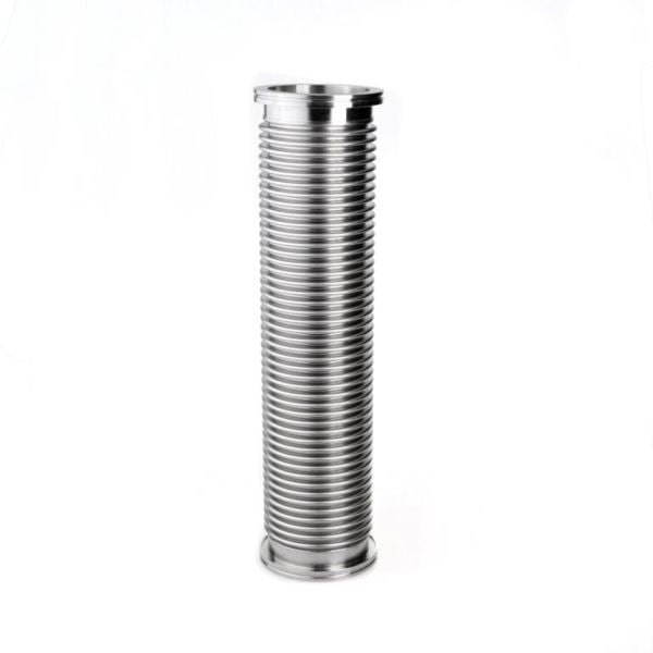 A tall, ribbed, cylindrical metal object resembling an industrial vacuum hose stands against a plain white background. This is the "Vacuum Hoses With Flanges DN 100 ISO-K (750 mm)" by Leybold North America, designed with ISO-K flanges for efficient high-performance vacuum applications.