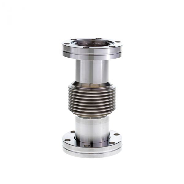 The CF-Bellows DN 40 CF (126 mm) by Leybold North America is a metal bellows expansion joint featuring protective covers, end flanges, and a central ribbed section. Designed for industrial use, it absorbs movement and vibration against a white background.