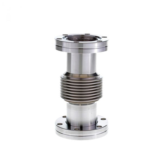 The CF-Bellows DN 40 CF (126 mm) by Leybold North America is a metal bellows expansion joint featuring protective covers, end flanges, and a central ribbed section. Designed for industrial use, it absorbs movement and vibration against a white background.