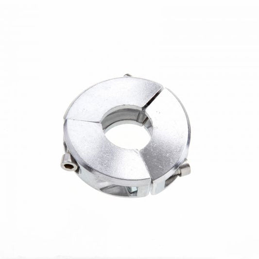 A silver, circular Leybold North America Clamping Collar for Ultra Sealing Rings DN 50 ISO-KF, featuring a central hole and three bolt holes for vacuum applications, shown on a white background.