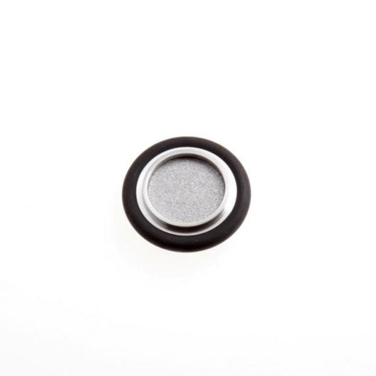A round centering ring with a sintered metal filter, branded by Leybold North America, features a gray mesh center and is encased in black foam, displayed against a white background.