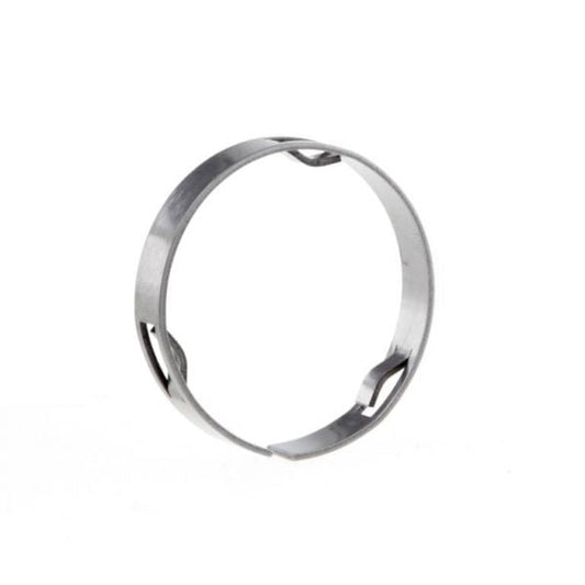 The Leybold North America Outer Support Ring for Ultra Sealing Rings DN 20/25 ISO-KF is a thin, metallic ring with three evenly spaced notches—ideal for high-performance and industrial applications. Photographed on a plain white background.