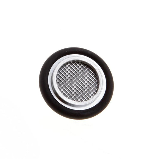 A close-up image of a round metallic wire mesh screen filter, encased in a circular black rubber and silver frame. The mesh is tightly woven and appears to be designed for filtering liquids or gases. The background is plain white. 

Product Name: Centering Rings with Fine Filter ISO-KF  
Brand Name: Leybold North America