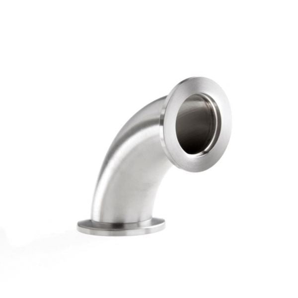The Leybold North America Pipe Bend 90° DN 25 ISO-KF, a stainless steel elbow fitting with flanged ends for vacuum systems, is shown against a plain white background.
