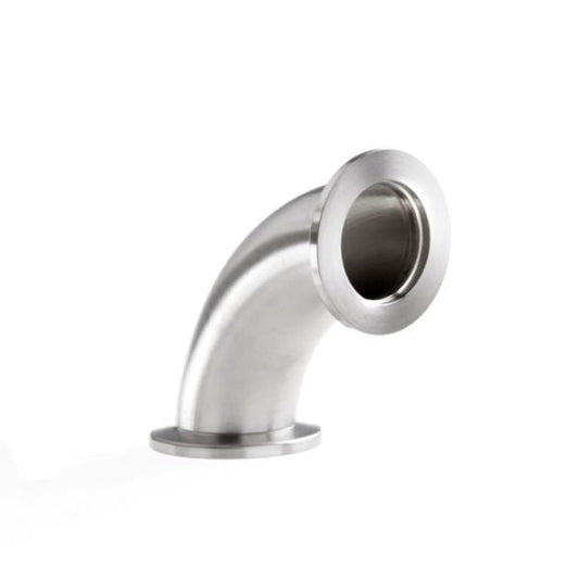 The Leybold North America Pipe Bend 90° DN 25 ISO-KF, a stainless steel elbow fitting with flanged ends for vacuum systems, is shown against a plain white background.