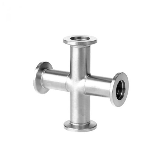 The Leybold North America 4-Way Crosses DN 16 ISO-KF Stainless Steel features four flanged outlets in a cross configuration, ideal for vacuum systems or industrial plumbing, with a smooth metallic surface for optimal performance.