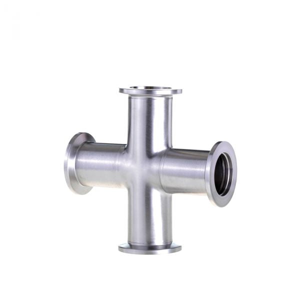 The Leybold North America 4-Way Crosses DN 25 ISO-KF Stainless Steel fitting, designed for vacuum systems, offers four pipe connections in a cross shape against a white background, ensuring seamless integration and efficient performance.