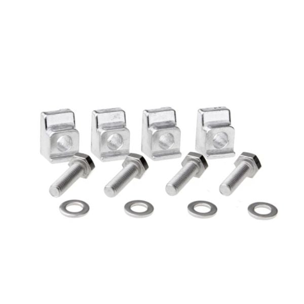 Four rectangular Leybold North America Claws with screw holes, four matching bolts, and four washers arranged in an orderly fashion against a white background. Each claw has a cylindrical hole for cable insertion and a separate hole for the bolt.
