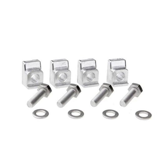 Four rectangular Leybold North America Claws with screw holes, four matching bolts, and four washers arranged in an orderly fashion against a white background. Each claw has a cylindrical hole for cable insertion and a separate hole for the bolt.
