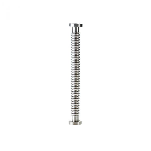 The Leybold North America CF-Vacuum Hose, featuring a vertically oriented flexible metal hose with a corrugated design and couplings at both ends, is positioned against a plain white background.