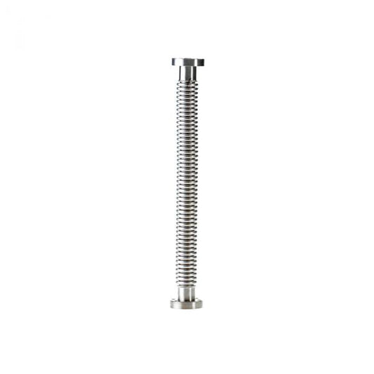 The Leybold North America CF-Vacuum Hose, featuring a vertically oriented flexible metal hose with a corrugated design and couplings at both ends, is positioned against a plain white background.