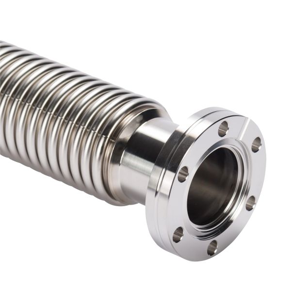 A close-up of the Leybold North America Vacuum Hose DN 40 CF One Rotatable Flange (250 mm), showing its shiny, corrugated metal surface and multi-bolt rotatable flange, designed for industrial piping or plumbing connections.