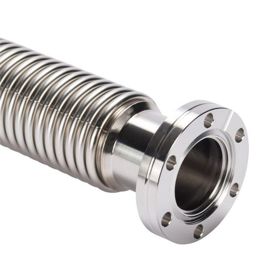 Close-up of the Leybold North America Vacuum Hose DN 40 CF One Rotatable Flange (500 mm), featuring metallic flexible corrugated design with detailed grooves and bolt holes for durable industrial piping or plumbing connections.