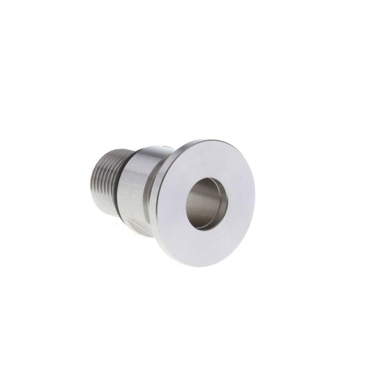 A Screw-in Flange, DN 10 KF from Leybold North America with a cylindrical shape and a threaded end, featuring a smooth circular flange. The part appears to be precision-machined and is likely used in industrial or mechanical applications. The background is white and uncluttered.
